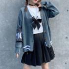 V-neck Striped Cardigan Gray - One Size