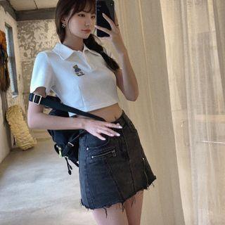 Low Waist Zip Detail A-line Denim Skirt