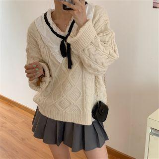Tie-neck Collar Cable Knit Sweater