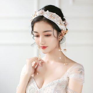 Wedding Faux Pearl Headband 1 Piece - Headband & 1 Pair - Clip On Earrings - White & Gold - One Size
