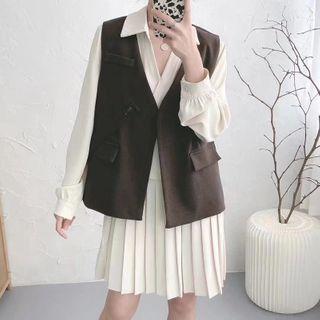 Set: Long-sleeve Collared Dress + Double-breasted Vest