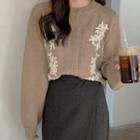 Round-neck Flower-embroidered Cardigan Cocoa - One Size