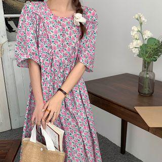 Short-sleeve Floral Loose Fit Dress Floral - One Size