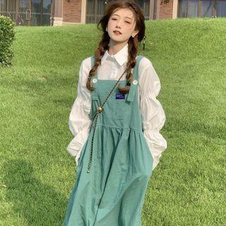 Puff-sleeve Plain Shirt / Pocket Detail Midi Overall Dress