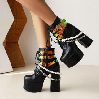 Faux Pearl Chain Platform Chunky Heel Short Boots