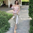 Off-shoulder Peplum Blouse / Midi A-line Skirt