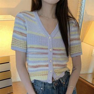 Short-sleeve Floral Pointelle Knit Top / Striped Cardigan