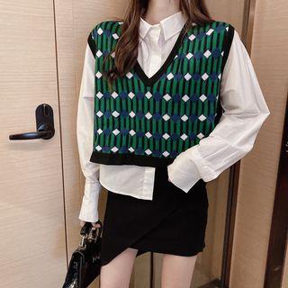 Plain Long-sleeve Shirt / Color-block Knit Vest / Irregular Skirt