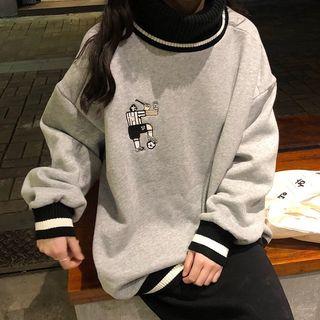 Mock Turtleneck Embroidered Pullover Gray - One Size
