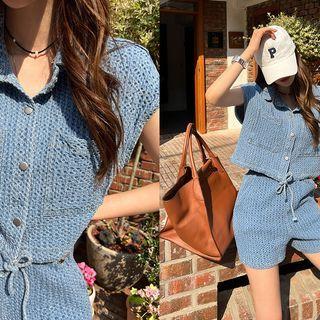 Waistband Waffle-textured Shorts Light Blue - One Size