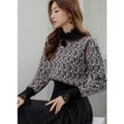 Puff-shoulder Piped Patterned Knit Top