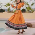 Long-sleeve Floral Embroidered Patterned Midi A-line Dress