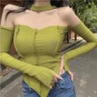 Choker-neck Off-shoulder Knit Top Green - One Size