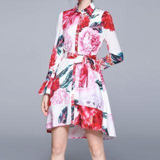 Bell-sleeve Floral Print Mini A-line Shirtdress