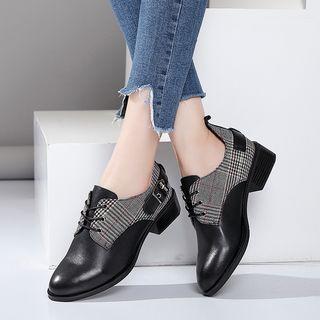 Plaid Panel Low Heel Lace-up Shoes