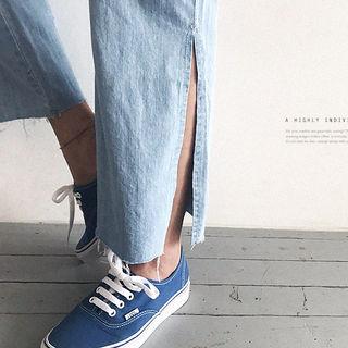 Slashed Washed Wide-leg Jeans Light Blue - S