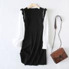 Mock Two-piece Long-sleeve Knit A-line Dress Black & White - One Size