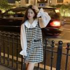 Long-sleeve Mock Two-piece Check A-line Dress Check - Black - One Size