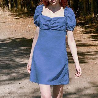 Puff-sleeve Square-neck Tie-back Mini A-line Dress
