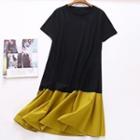 Short-sleeve Paneled A-line Dress Black & Yellow - One Size