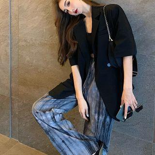 Double Breasted Short-sleeve Blazer / High-waist Tie Dye Pants