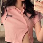 Short-sleeve Button-up Crop Top Pink - One Size