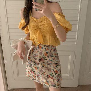 Cold-shoulder Smocked Blouse / Floral Print A-line Skirt