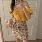 Cold-shoulder Smocked Blouse / Floral Print A-line Skirt