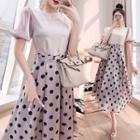 Set: Puff-sleeve Blouse + Dotted A-line Midi Skirt