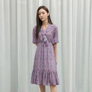 Ruffle-trim Midi Floral Dress Lavender - One Size