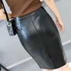 Faux Leather Slit Fitted Skirt