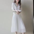 Puff Sleeve V-neck Contrast Trim Cardigan / Pleated Midi A-line Skirt