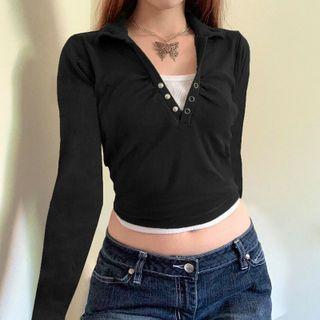 Polo Neck Long Sleeve Contrast Cropped Top