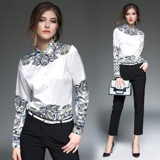 Single-breasted Long-sleeved Floral Print Open-front Blouse