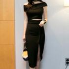 Set: Short-sleeve Off Shoulder Cropped Top + Slit Midi Fitted Skirt
