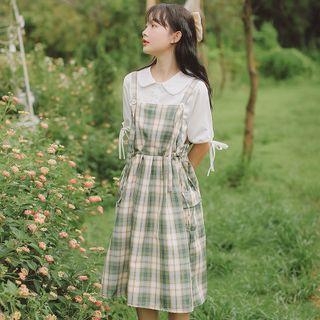 Set: Sleeveless Plaid Dress + Short-sleeve Blouse