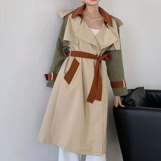 Color-block Lace-up Long-sleeve Trench Coat