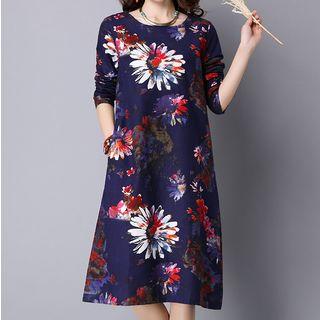 Print Long-sleeve Linen Cotton Dress