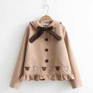 Embroidered Ruffle Trim Button Coat