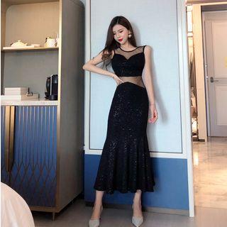 Glitter Sleeveless Mesh Panel Midi Mermaid Dress