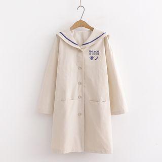 Sailor Collar Single-breasted Long Jacket Khaki - One Size