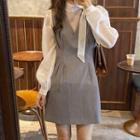 Tie-neck Long-sleeve Blouse / Mini A-line Overall Dress