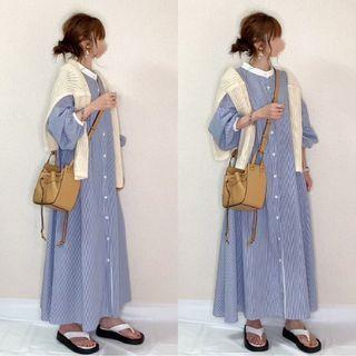 Puff-sleeve Striped Midi A-line Dress Stripes - Blue & White - One Size