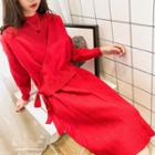 Set: Puff-sleeve Wrap Sweater + A-line Knit Tank Dress