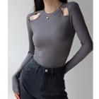 Long-sleeve Perforated Plain Top