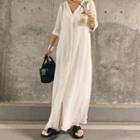 Elbow-sleeve Plain Maxi Dress White - One Size
