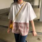 Mock Two-piece Elbow-sleeve Plaid Panel T-shirt