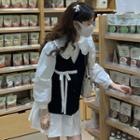 Long-sleeve Frill Trim Collar Mini A-line Dress / Bow Vest