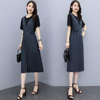 Short Sleeve Mock Two Piece Slit-front A-line Dress