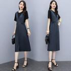 Short Sleeve Mock Two Piece Slit-front A-line Dress
